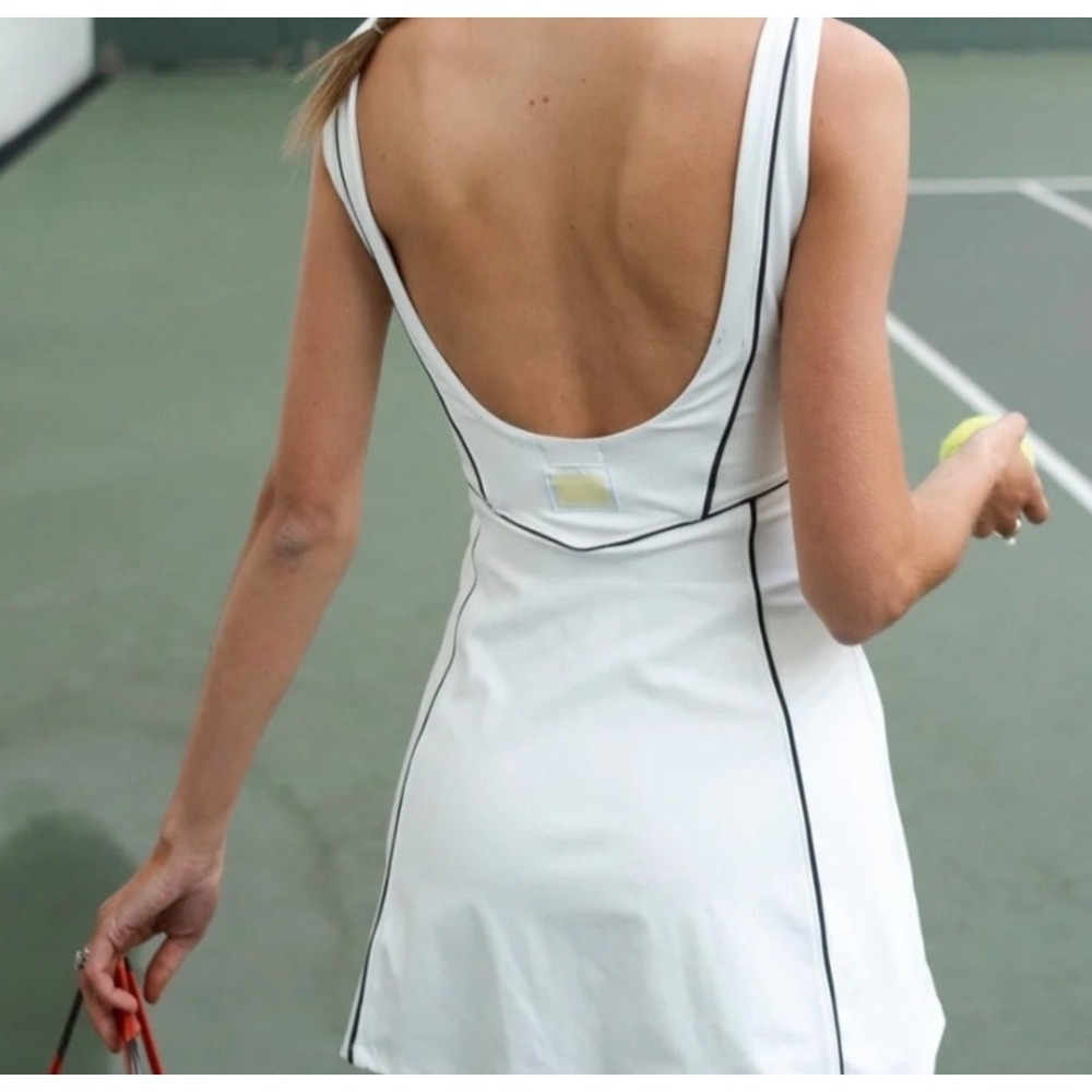 White Athletic Tennis Dress Black Piping Square Neck Scoop Back H